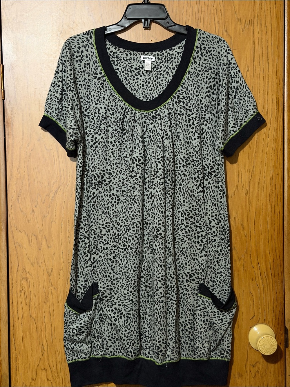 DKNY Sage Green and Black Leopard Print Short Sleeve Tunic